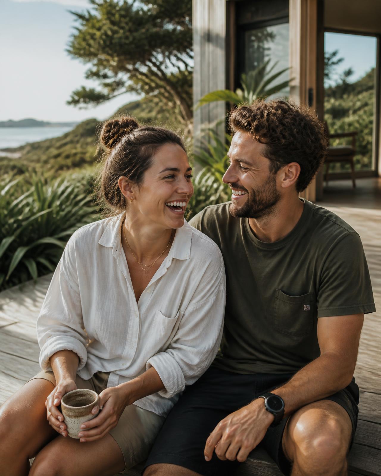 A young New Zealand couple laughing together on the deck of their home